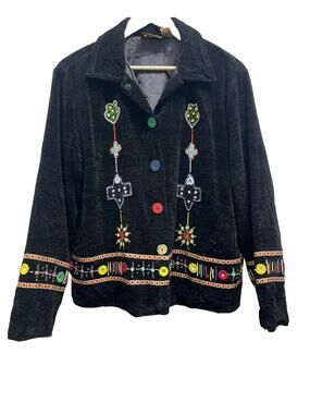 Julia Kim Jacket Womens L Black Beaded Embroidered Art to Wear Boho India